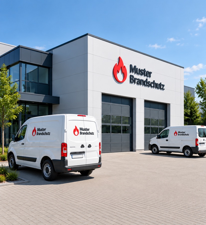 Betriebsgebäude eines Brandschutz-Fachbetriebs mit zwei Servicefahrzeugen