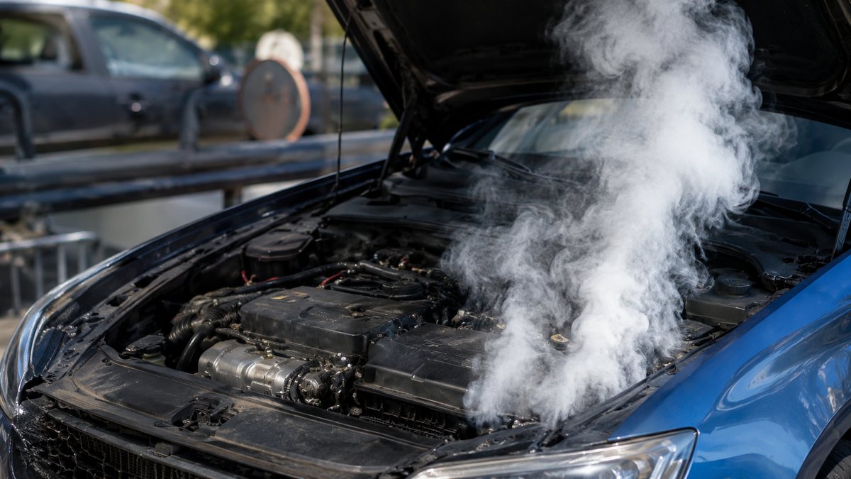 Rauch steigt aus dem geöffneten Motorraum eines Autos